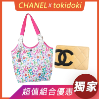 展示品 CHANEL康朋雙C LOGO格紋羊皮卡片夾(黑x米)+tokidoki