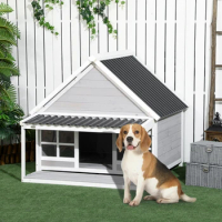 49.5" Wooden Dog House with Porch, Dog House Outdoor with Tilt Roof, Front Door, Windows for Medium Large Sized Dog