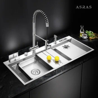 Asras 11850P SUS304 Handmade Kitchen Sink With Cup Washer And Drainningboard Stainless Steel Double Sinks With Faucet Cup Rinser