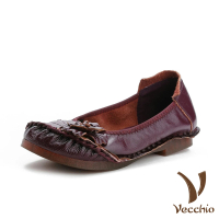 【Vecchio】真皮頭層牛皮手工立體花朵低跟舒適單鞋(酒紅)