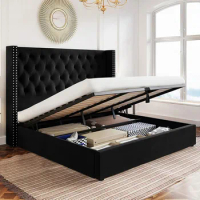 King Size Bed Frame with Button Tufted Wingback Headboard Hydraulic Lifting Storage Underneath, Lift Up Storage Bed Frame