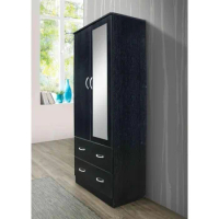 HODEDAH 2 Door Wood Wardrobe Bedroom Closet with Clothing Rod inside Cabinet, 2 Drawers for Storage and Mirror, Black