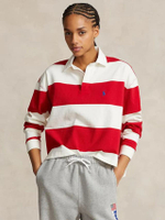 เสื้อโปโลผู้หญิง-Striped Cropped Jersey Rugby Shirt-สีขาว