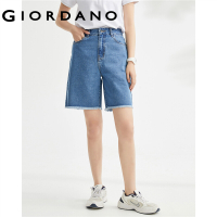 GIORDANO Women Shorts 100 Cotton Fashion Frayed Denim Shorts Five-Pocket Comfort Mid Rise Summer Cas
