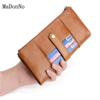 Fashion Men's Wallet Long Mens Genuine Leather Wallet Clutch Antimagnetic RFID Double Zipper Wallet Card Holder Billetera Hombre