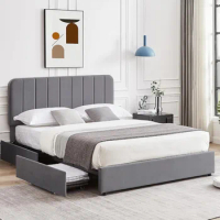Beds, No Box Spring Needed Queen Bed Frame Wooden Slats Support Velvet Platform Storage Foundation Dark Grey Bed Frame