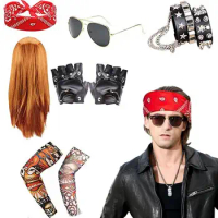 Rocker Costume Men Metal Disco Costume Men Hippie Wig Men's Rocker Heavy Metal Costume 70s 80s Rocker Wigs Men Costume Set For