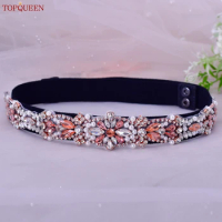 TOPQUEEN S442-B Fashion Dress Elastic Belt Women Rhinestone Pearl Rose Gold Luxury Party Sash Overcoat Western-style Accessories