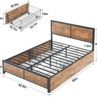 Queen Platform Bed Frame with 4 Drawers and Rustic Vintage Wood Headboard, Strong Metal Slats Support, No Box Spring Needed