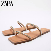 HOT★Summer Zara-new women's shoes natural color rhinestone French buckle sandals flat sandals 2620010 111