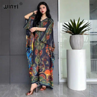 WINYI 2023 new print summer silk feeling Dress Elegant Muslim Abaya Lady beach cover up Casual dress Beachwear fashion Kaftan