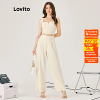 Lovito - ชุดกางเกงขากว้างเอวสูงสำหรับผู้หญิง ลำลอง ธรรมดา l47ed082 (แอปริคอท) lovito เอวสูง ขากว้าง 
