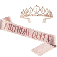 {UTUO} 2Pcs/Set New Glitter Birthday Party Crown Sash Silver Bling Rhinestone Birthday Tiara Gold Cr
