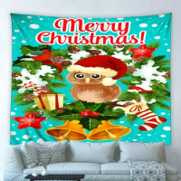 Cartoon Christmas Tapestry Owl Christmas Hat Bell Wreath New Year Holiday Gift Wall Hanging Cloth Kid Child Bedroom Home Decor