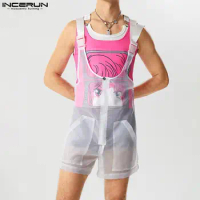 Men Rompers Sexy Loose Mesh Patchwork Sleeveless Male Jumpsuits Streetwear 2023 Pockets Transparent Casual Overalls INCERUN