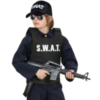 Kids Police Swat Bulletproof Vest &amp; Swat Cap Hat Costume Fancy Dress Outfit 3-9years children policeman costume