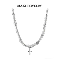 Q Vòng Cổ Choker 2 Lớp Ngọc Trai Mặt Thánh Giá Dây Chuyền Titan Phối Xích Phong Cách HipHop Cá Tính
