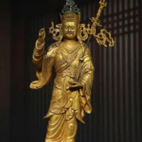 14” Old Tibetan Copper Gilt Stand Guru Padmasambhava Rinpoche Buddha Statue