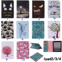 Flower Tree Cat Feather Painted Stand Flip PU Leather case For iPad 2 iPad 3 iPad 4 smart cover For Apple iPad 2 3 4 Cases #1