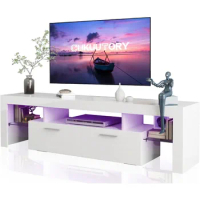 Clikuutory Modern LED 63 inch TV Stand with Large Storage Drawer for 40 50 55 60 65 70 75 Inch TVs, White Wood TV Console with