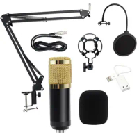 1 Set BM800 Condenser Microphone Practical Adjustable Angle/Height Metal Professional Foldable Microphone Kit with USB Soundcard
