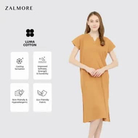 Zalmore Vneck Loose Midi Dress with Slit Premium LUMA Cotton - Dress Wanita Lembut Ringan Sejuk Anti