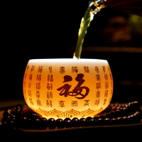 百福杯羊脂玉心經杯主人杯陶瓷茶碗中式功夫茶具白瓷浮雕金單杯
