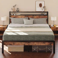 Queen Size Bed Frame, Queen Bed Frame, Platform Beds with 2-Tier Storage Headboard, Solid and Stable, Noise Free, Bed Frame