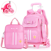 6 Wheels Removable Children School Bags For Girls School Backpack With Wheel Trolley Backpack Kids Luggage Bag Travel Backpack