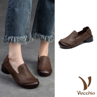 【Vecchio】真皮跟鞋 低跟跟鞋/全真皮頭層牛皮舒適百搭休閒低跟鞋(棕)