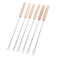 Set of 6 Wood Handle Fondue Forks, Stainless Steel Skewer Sticks for Melted Cheese, Meat, Fruit - 9.45 inch