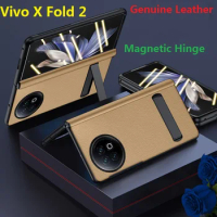 Magnetic Stand For Vivo X Fold 2 Case Genuine Leather Hinge Protection Anti Spy Film Cover