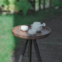 戶外露營折疊桌庭院實木小圓桌便捷野餐托盤胡桃木三腳架茶幾桌