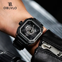 OBLVLO All Black Creative Men Watch Self-wind Mechanical Automatic Watch Sapphire Mirror Waterproof 50M Square Luminous Watches