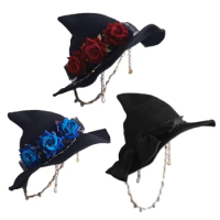 Witch Hat Pointy with Bloody Roses Decoration Costumes for Gothic Girls