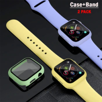Glass+Case+band For Apple Watch bands 44mm 40mm 45mm 41mm 42mm belt sport Rubber bracelet iWatch series 9 8 7 6 5 4 3 SE strap