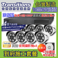 全視線 台灣製造施工套餐 16路8支安裝套餐 主機DVR 1080P 16路監控主機+8支 紅外線LED攝影機(TS-TVI8G)+4TB硬碟