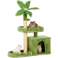 Cat Tree / Tower for Indoor Cats with Green Leaves, Cat Condo Cozy Plush Cat House（Green,Grey/ Green ）optional