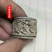 仿古做舊 苗銀白銅黃銅鍍銀扳指戒指 雙層指環 浮雕麒麟 龍