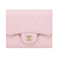 【CHANEL 香奈兒】經典雙C LOGO菱格紋小牛皮迷你短夾(粉色)