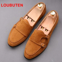 LOUBUTEN Luxury Suede Loafers Men Monk Strap Shoes Handmade Summer Men Leather Shoes Casual Flats Slippers