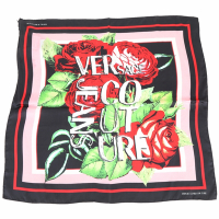 VERSACE 黑色邊框玫瑰花印方型絲巾 領巾(65x65)