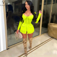 VAZN 2022 INS Young Sexy Club Solid Sweet See Through Lace Full Sleeve Cloth + Short Pants Women Slim Two Piece Sets