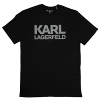 KARL LAGERFELD 卡爾 品牌格紋字樣棉質短T恤.黑 多尺寸