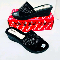 CALBI sandal wedges wanita permata bling bling super empuk tinggi 5cm motif daun sirih & Lainnya siz