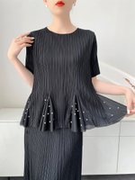 S-537# B- 538# One Size (45-75kg) Age-Reducing Lotus Leaf Swing Trendy Short Sleeve Peplum Top Pleat