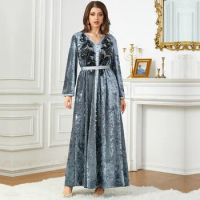 Abaya For Women Arab Apparel Autumn/Winter Velvet Dress Dubai Fashion Lace Women's Solid Color Robe Gray With Belt Women