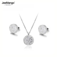 JeeMango Trendy Stainless Steel Wedding Necklace Earrings Jewelry Classic Pave Setting CZ Crystal Circle Sets For Women JSE016