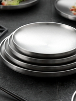 家用盤子8個套裝304不銹鋼雙層隔熱餐盤圓盤平盤碟子