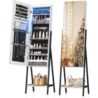 Mirror Jewelry Cabinet Standing with LED Lights, Full Length Mirror with 2 Drawers Large Storage Capacity for Cosmetic
